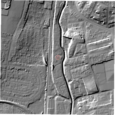 Shaded relief map of the ground around NG75RX, computed from Environment Agency LiDAR. The ground here sits at about 33 m above sea level and falls 18 m across the surrounding 800 m. Surface water reaching this point runs off ground lying to the north, 1.1 m higher.