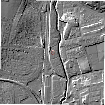 Shaded relief map of the ground around NG75RY, computed from Environment Agency LiDAR. The ground here sits at about 33 m above sea level and falls 16 m across the surrounding 800 m. The ground contributing surface water to this point lies to the west-north-west.
