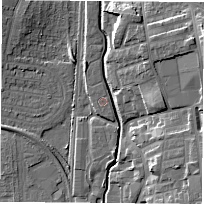 Shaded relief map of the ground around NG75RZ, computed from Environment Agency LiDAR. The ground here sits at about 32 m above sea level and falls 16 m across the surrounding 800 m. The ground contributing surface water to this point lies to the north-north-west.