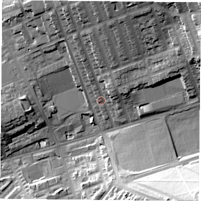 Shaded relief map of the ground around NG76BB, computed from Environment Agency LiDAR. The ground here sits at about 45 m above sea level and falls 38 m across the surrounding 800 m. Surface water reaching this point runs off ground lying to the north, 17.3 m higher.