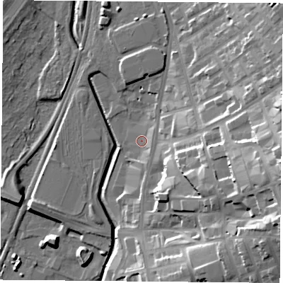 Shaded relief map of the ground around NG77AB, computed from Environment Agency LiDAR. The ground here sits at about 37 m above sea level and falls 34 m across the surrounding 800 m. Surface water reaching this point runs off ground lying to the east-south-east, 2.4 m higher.