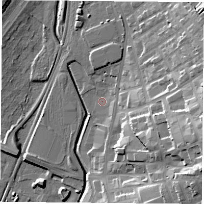 Shaded relief map of the ground around NG77DH, computed from Environment Agency LiDAR. The ground here sits at about 36 m above sea level and falls 33 m across the surrounding 800 m. Surface water reaching this point runs off ground lying to the south-south-east, 3.1 m higher.