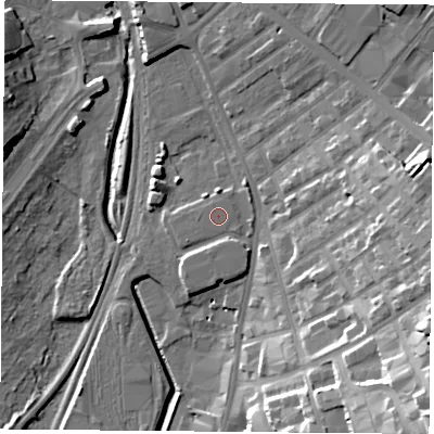 Shaded relief map of the ground around NG77EB, computed from Environment Agency LiDAR. The ground here sits at about 39 m above sea level and falls 33 m across the surrounding 800 m. The ground contributing surface water to this point lies to the north-north-west.