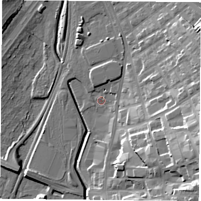 Shaded relief map of the ground around NG77EF, computed from Environment Agency LiDAR. The ground here sits at about 37 m above sea level and falls 32 m across the surrounding 800 m. Surface water reaching this point runs off ground lying to the south-east, 29.9 m higher.