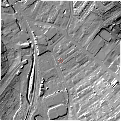 Shaded relief map of the ground around NG77EX, computed from Environment Agency LiDAR. The ground here sits at about 39 m above sea level and falls 28 m across the surrounding 800 m. Surface water reaching this point runs off ground lying to the north-east, 24.2 m higher.