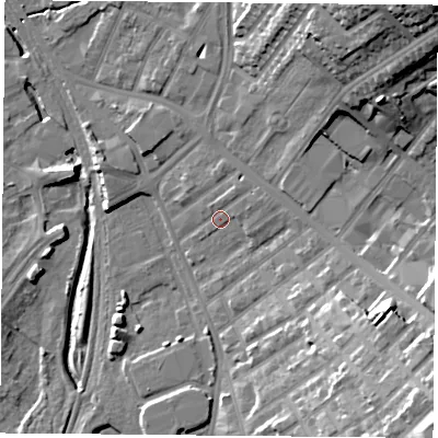 Shaded relief map of the ground around NG77EZ, computed from Environment Agency LiDAR. The ground here sits at about 40 m above sea level and falls 31 m across the surrounding 800 m. Surface water reaching this point runs off ground lying to the north-north-east, 1.7 m higher.
