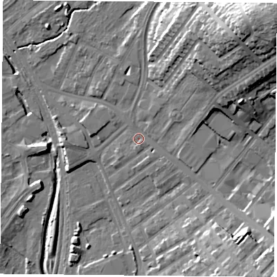 Shaded relief map of the ground around NG77FD, computed from Environment Agency LiDAR. The ground here sits at about 40 m above sea level and falls 37 m across the surrounding 800 m. Surface water reaching this point runs off ground lying to the north-east, 31.2 m higher.