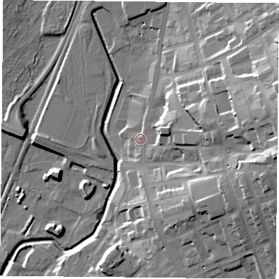 Shaded relief map of the ground around NG77NQ, computed from Environment Agency LiDAR. The ground here sits at about 40 m above sea level and falls 35 m across the surrounding 800 m. Surface water reaching this point runs off ground lying to the east, 25.8 m higher.