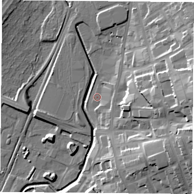 Shaded relief map of the ground around NG77NW, computed from Environment Agency LiDAR. The ground here sits at about 36 m above sea level and falls 31 m across the surrounding 800 m. Surface water reaching this point runs off ground lying to the east, 3.3 m higher.
