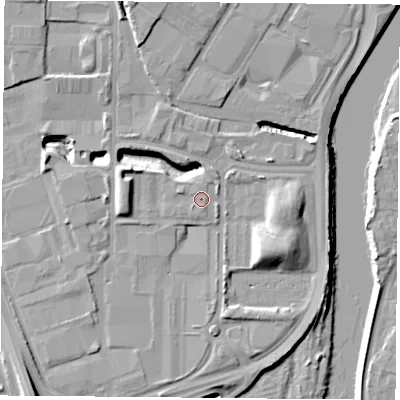Shaded relief map of the ground around NG801RH, computed from Environment Agency LiDAR. The ground here sits at about 27 m above sea level and falls 11 m across the surrounding 800 m. Surface water reaching this point runs off ground lying to the south-east, 7.0 m higher.