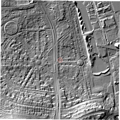 Shaded relief map of the ground around NG81AB, computed from Environment Agency LiDAR. The ground here sits at about 28 m above sea level and falls 18 m across the surrounding 800 m. Surface water reaching this point runs off ground lying to the south-south-east, 11.6 m higher.