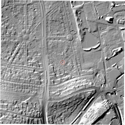 Shaded relief map of the ground around NG81AD, computed from Environment Agency LiDAR. The ground here sits at about 30 m above sea level and falls 31 m across the surrounding 800 m. Surface water reaching this point runs off ground lying to the south-south-west, 2.1 m higher.