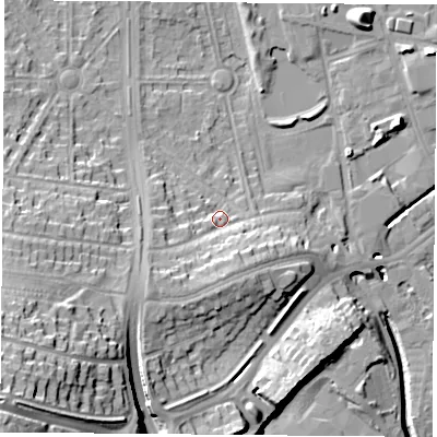 Shaded relief map of the ground around NG81AE, computed from Environment Agency LiDAR. The ground here sits at about 32 m above sea level and falls 34 m across the surrounding 800 m. Surface water reaching this point runs off ground lying to the south-west, 7.0 m higher.