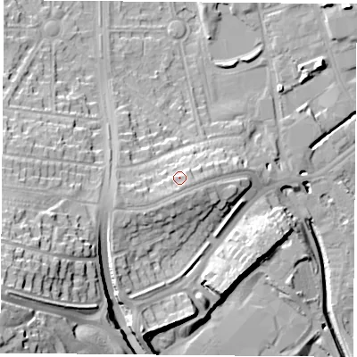 Shaded relief map of the ground around NG81AF, computed from Environment Agency LiDAR. The ground here sits at about 38 m above sea level and falls 34 m across the surrounding 800 m. Surface water reaching this point runs off ground lying to the south, 2.3 m higher.