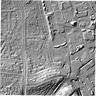 Shaded relief map of the ground around NG81AJ, computed from Environment Agency LiDAR. The ground here sits at about 29 m above sea level and falls 25 m across the surrounding 800 m. Surface water reaching this point runs off ground lying to the south-south-west, 11.1 m higher.