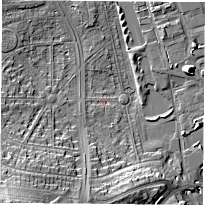 Shaded relief map of the ground around NG81AL, computed from Environment Agency LiDAR. The ground here sits at about 28 m above sea level and falls 23 m across the surrounding 800 m. Surface water reaching this point runs off ground lying to the south, 11.7 m higher.