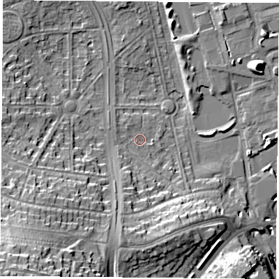 Shaded relief map of the ground around NG81AN, computed from Environment Agency LiDAR. The ground here sits at about 29 m above sea level and falls 28 m across the surrounding 800 m. Surface water reaching this point runs off ground lying to the south-south-west, 7.0 m higher.