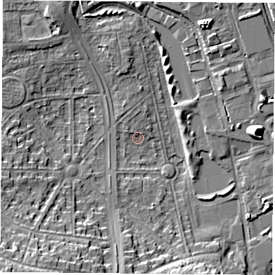 Shaded relief map of the ground around NG81AP, computed from Environment Agency LiDAR. The ground here sits at about 28 m above sea level and falls 14 m across the surrounding 800 m. Surface water reaching this point runs off ground lying to the south-west, 13.8 m higher.