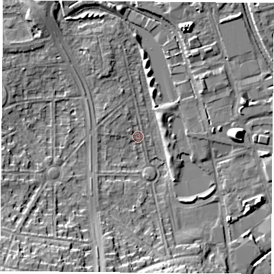 Shaded relief map of the ground around NG81AQ, computed from Environment Agency LiDAR. The ground here sits at about 28 m above sea level and falls 15 m across the surrounding 800 m. Surface water reaching this point runs off ground lying to the south-west, 13.0 m higher.