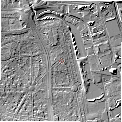 Shaded relief map of the ground around NG81AR, computed from Environment Agency LiDAR. The ground here sits at about 29 m above sea level and falls 11 m across the surrounding 800 m. Surface water reaching this point runs off ground lying to the west-north-west, 0.5 m higher.