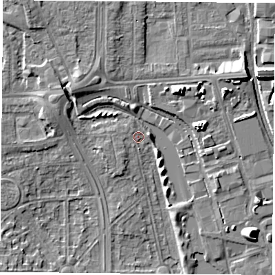 Shaded relief map of the ground around NG81AS, computed from Environment Agency LiDAR. The ground here sits at about 30 m above sea level and falls 11 m across the surrounding 800 m. Surface water reaching this point runs off ground lying to the east-north-east, 2.5 m higher.
