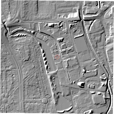 Shaded relief map of the ground around NG81BB, computed from Environment Agency LiDAR. The ground here sits at about 29 m above sea level and falls 12 m across the surrounding 800 m. Surface water reaching this point runs off ground lying to the north, 9.3 m higher.