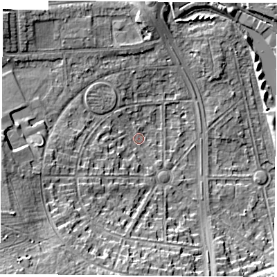 Shaded relief map of the ground around NG81EE, computed from Environment Agency LiDAR. The ground here sits at about 29 m above sea level and falls 17 m across the surrounding 800 m. Surface water reaching this point runs off ground lying to the south-west, 15.1 m higher.