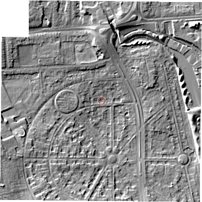 Shaded relief map of the ground around NG81EG, computed from Environment Agency LiDAR. The ground here sits at about 29 m above sea level and falls 14 m across the surrounding 800 m. Surface water reaching this point runs off ground lying to the west-south-west, 9.9 m higher.