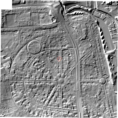 Shaded relief map of the ground around NG81EH, computed from Environment Agency LiDAR. The ground here sits at about 28 m above sea level and falls 15 m across the surrounding 800 m. Surface water reaching this point runs off ground lying to the south-west, 14.7 m higher.