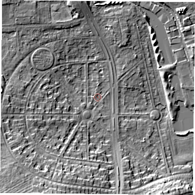 Shaded relief map of the ground around NG81EJ, computed from Environment Agency LiDAR. The ground here sits at about 29 m above sea level and falls 17 m across the surrounding 800 m. Surface water reaching this point runs off ground lying to the south-west, 15.2 m higher.
