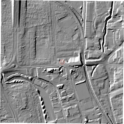 Shaded relief map of the ground around NG81FD, computed from Environment Agency LiDAR. The ground here sits at about 31 m above sea level and falls 12 m across the surrounding 800 m. Surface water reaching this point runs off ground lying to the south-east, 1.5 m higher.