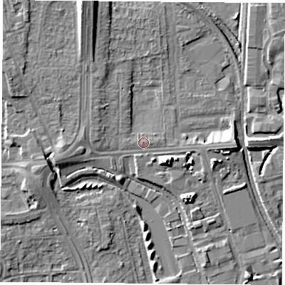 Shaded relief map of the ground around NG81FE, computed from Environment Agency LiDAR. The ground here sits at about 31 m above sea level and falls 12 m across the surrounding 800 m. Surface water reaching this point runs off ground lying to the north-north-west, 8.8 m higher.
