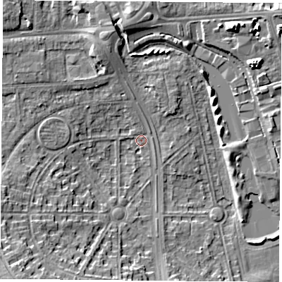 Shaded relief map of the ground around NG81FX, computed from Environment Agency LiDAR. The ground here sits at about 29 m above sea level and falls 12 m across the surrounding 800 m. Surface water reaching this point runs off ground lying to the south-west, 11.0 m higher.