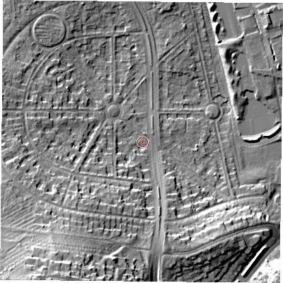 Shaded relief map of the ground around NG81FY, computed from Environment Agency LiDAR. The ground here sits at about 30 m above sea level and falls 25 m across the surrounding 800 m. Surface water reaching this point runs off ground lying to the south-south-west, 20.7 m higher.