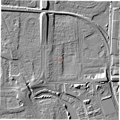 Shaded relief map of the ground around NG81PH, computed from Environment Agency LiDAR. The ground here sits at about 31 m above sea level and falls 12 m across the surrounding 800 m. Surface water reaching this point runs off ground lying to the north-east, 1.8 m higher.