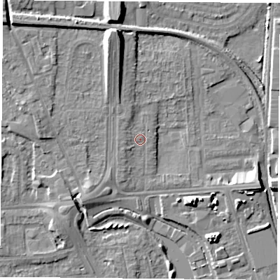 Shaded relief map of the ground around NG81PJ, computed from Environment Agency LiDAR. The ground here sits at about 32 m above sea level and falls 12 m across the surrounding 800 m. Surface water reaching this point runs off ground lying to the north-north-west, 1.4 m higher.