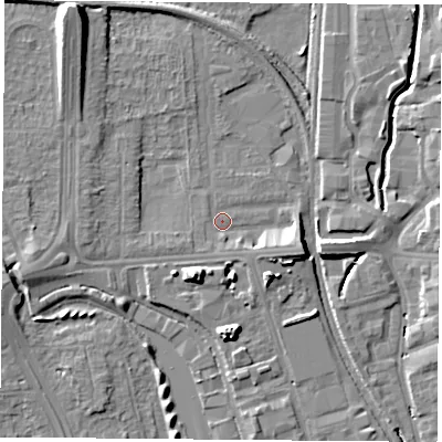 Shaded relief map of the ground around NG81PL, computed from Environment Agency LiDAR. The ground here sits at about 31 m above sea level and falls 13 m across the surrounding 800 m. Surface water reaching this point runs off ground lying to the south-east, 2.0 m higher.
