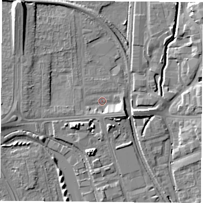 Shaded relief map of the ground around NG81PN, computed from Environment Agency LiDAR. The ground here sits at about 30 m above sea level and falls 13 m across the surrounding 800 m. Surface water reaching this point runs off ground lying to the east-south-east, 5.4 m higher.