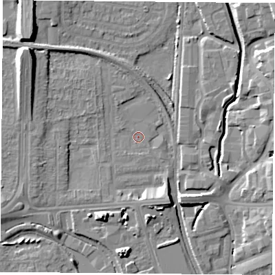 Shaded relief map of the ground around NG81PQ, computed from Environment Agency LiDAR. The ground here sits at about 30 m above sea level and falls 13 m across the surrounding 800 m. Surface water reaching this point runs off ground lying to the north-west, 10.9 m higher.