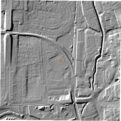 Shaded relief map of the ground around NG81PT, computed from Environment Agency LiDAR. The ground here sits at about 30 m above sea level and falls 13 m across the surrounding 800 m. The ground contributing surface water to this point lies to the north-north-east.
