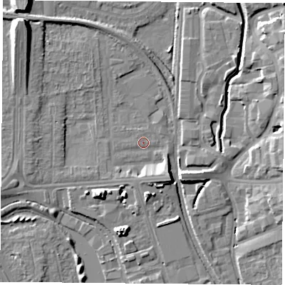 Shaded relief map of the ground around NG81PU, computed from Environment Agency LiDAR. The ground here sits at about 30 m above sea level and falls 13 m across the surrounding 800 m. Surface water reaching this point runs off ground lying to the south-east, 5.4 m higher.