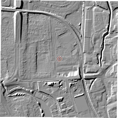 Shaded relief map of the ground around NG81PW, computed from Environment Agency LiDAR. The ground here sits at about 30 m above sea level and falls 13 m across the surrounding 800 m. Surface water reaching this point runs off ground lying to the south-west, 0.5 m higher.