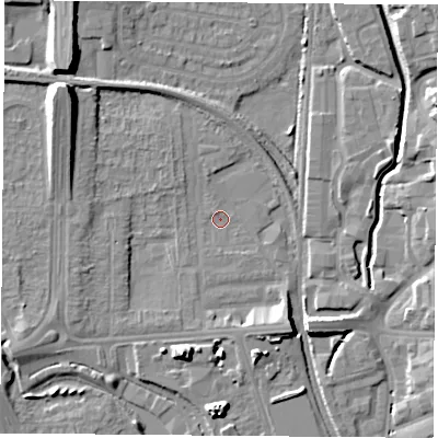 Shaded relief map of the ground around NG81PY, computed from Environment Agency LiDAR. The ground here sits at about 30 m above sea level and falls 13 m across the surrounding 800 m. Surface water reaching this point runs off ground lying to the north-west, 10.9 m higher.