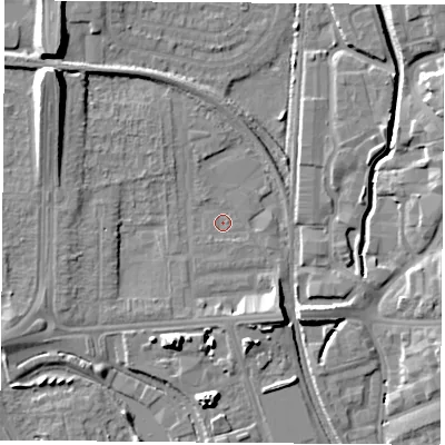 Shaded relief map of the ground around NG81PZ, computed from Environment Agency LiDAR. The ground here sits at about 30 m above sea level and falls 13 m across the surrounding 800 m. Surface water reaching this point runs off ground lying to the north-west, 10.8 m higher.