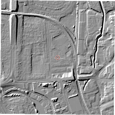 Shaded relief map of the ground around NG81QA, computed from Environment Agency LiDAR. The ground here sits at about 30 m above sea level and falls 13 m across the surrounding 800 m. The ground contributing surface water to this point lies to the south-south-west.