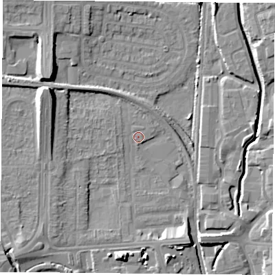 Shaded relief map of the ground around NG81QB, computed from Environment Agency LiDAR. The ground here sits at about 31 m above sea level and falls 13 m across the surrounding 800 m. Surface water reaching this point runs off ground lying to the west-north-west, 10.2 m higher.