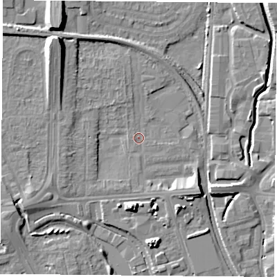 Shaded relief map of the ground around NG81QD, computed from Environment Agency LiDAR. The ground here sits at about 30 m above sea level and falls 13 m across the surrounding 800 m. Surface water reaching this point runs off ground lying to the north-west, 3.2 m higher.