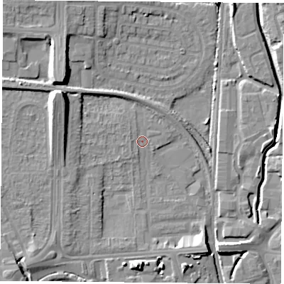 Shaded relief map of the ground around NG81QE, computed from Environment Agency LiDAR. The ground here sits at about 31 m above sea level and falls 13 m across the surrounding 800 m. Surface water reaching this point runs off ground lying to the west-north-west, 10.2 m higher.