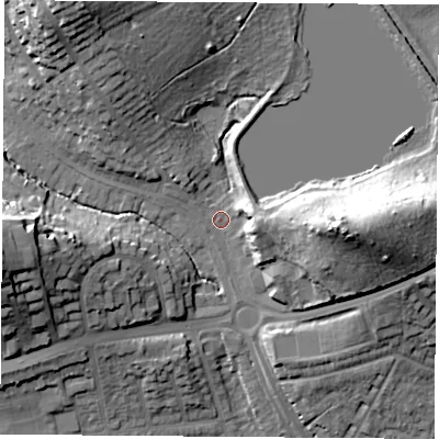 Shaded relief map of the ground around NG82NR, computed from Environment Agency LiDAR. The ground here sits at about 35 m above sea level and falls 22 m across the surrounding 800 m. Surface water reaching this point runs off ground lying to the north-north-west, 17.1 m higher.