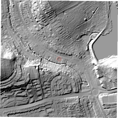 Shaded relief map of the ground around NG82PD, computed from Environment Agency LiDAR. The ground here sits at about 35 m above sea level and falls 31 m across the surrounding 800 m. Surface water reaching this point runs off ground lying to the west, 27.9 m higher.